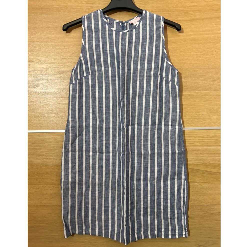 St. Tropez West Sz 10 100% Linen Women's Blue White Stripe Casual Shift Dress